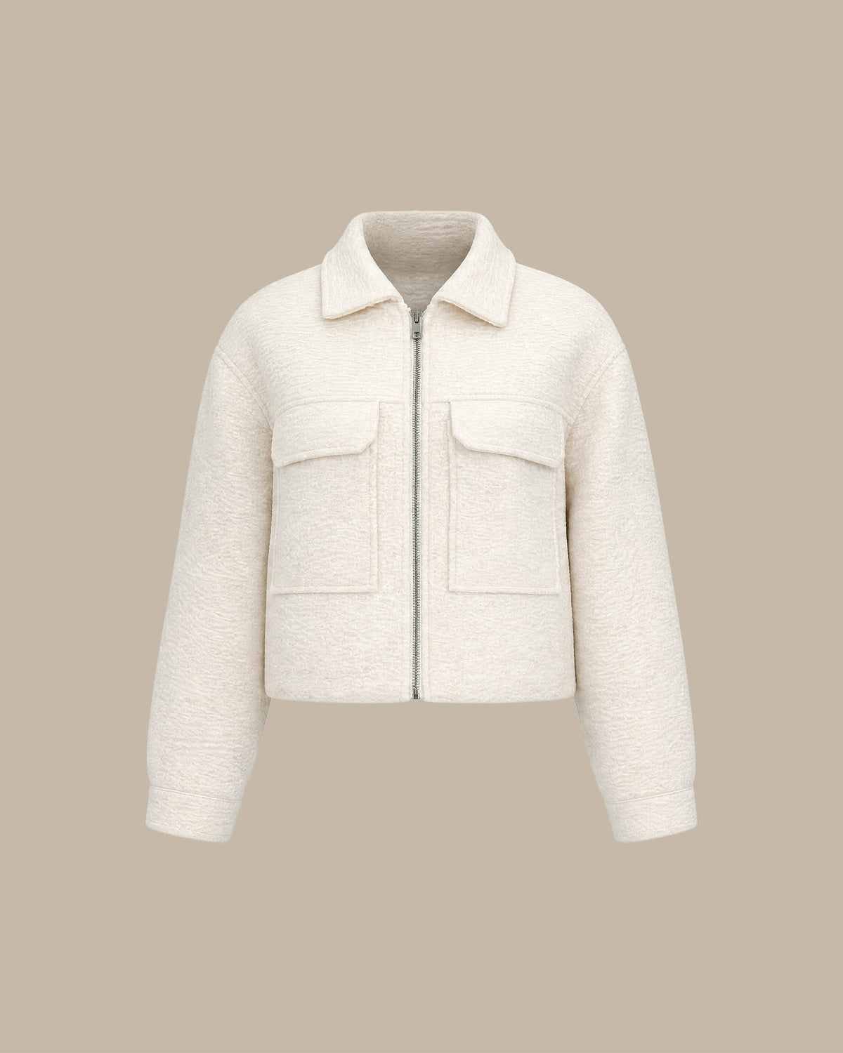 Textured Zip Jacket with Point Collar and Patch Pockets - Off White
