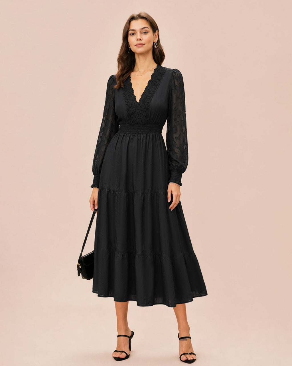 Tiered Midi Dress with V Neck and Lace Panel Sleeves - Black
