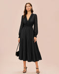Tiered Midi Dress with V Neck and Lace Panel Sleeves - Black