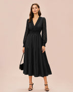Tiered Midi Dress with V Neck and Lace Panel Sleeves - Black