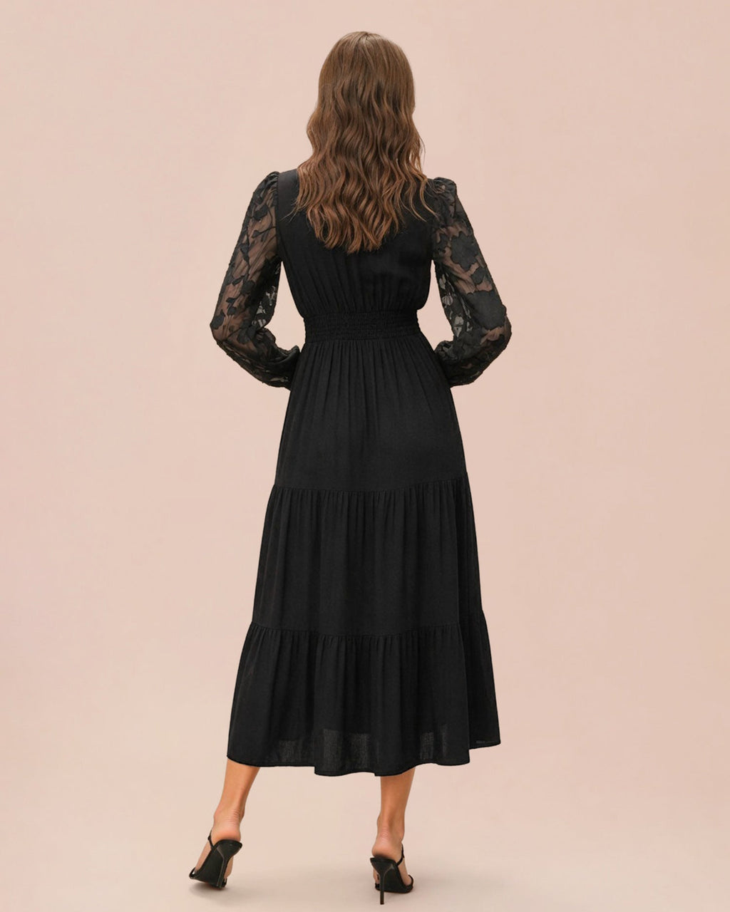 Tiered Midi Dress with V Neck and Lace Panel Sleeves - Black