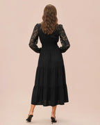 Tiered Midi Dress with V Neck and Lace Panel Sleeves - Black
