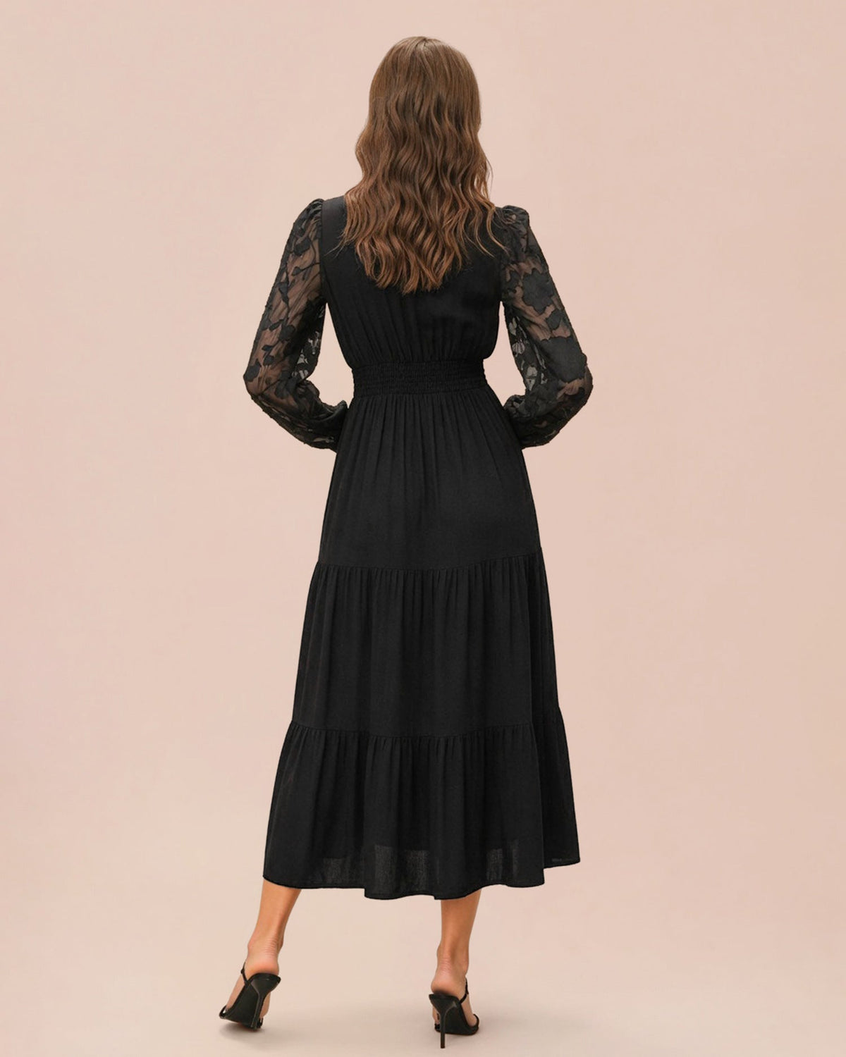 Tiered Midi Dress with V Neck and Lace Panel Sleeves - Black