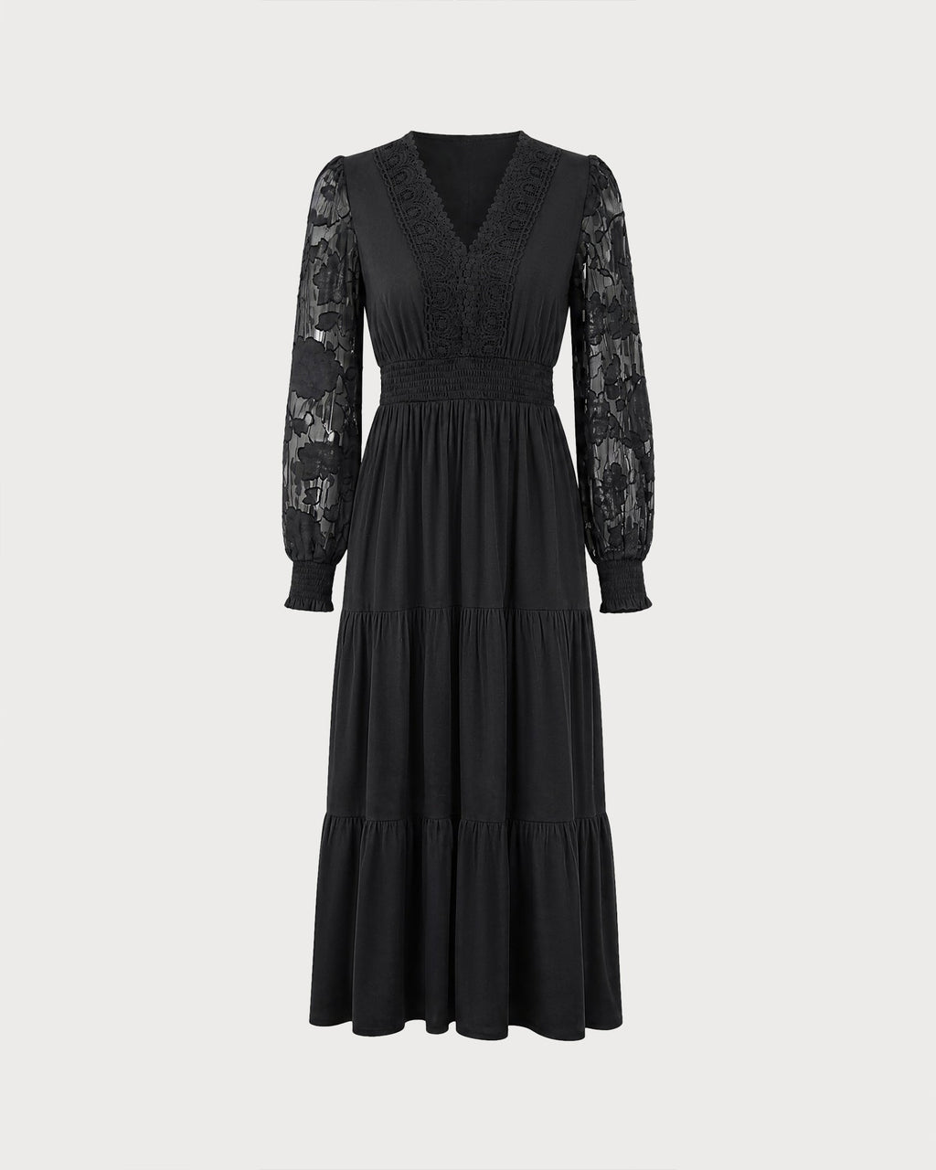 Tiered Midi Dress with V Neck and Lace Panel Sleeves - Black