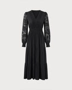 Tiered Midi Dress with V Neck and Lace Panel Sleeves - Black