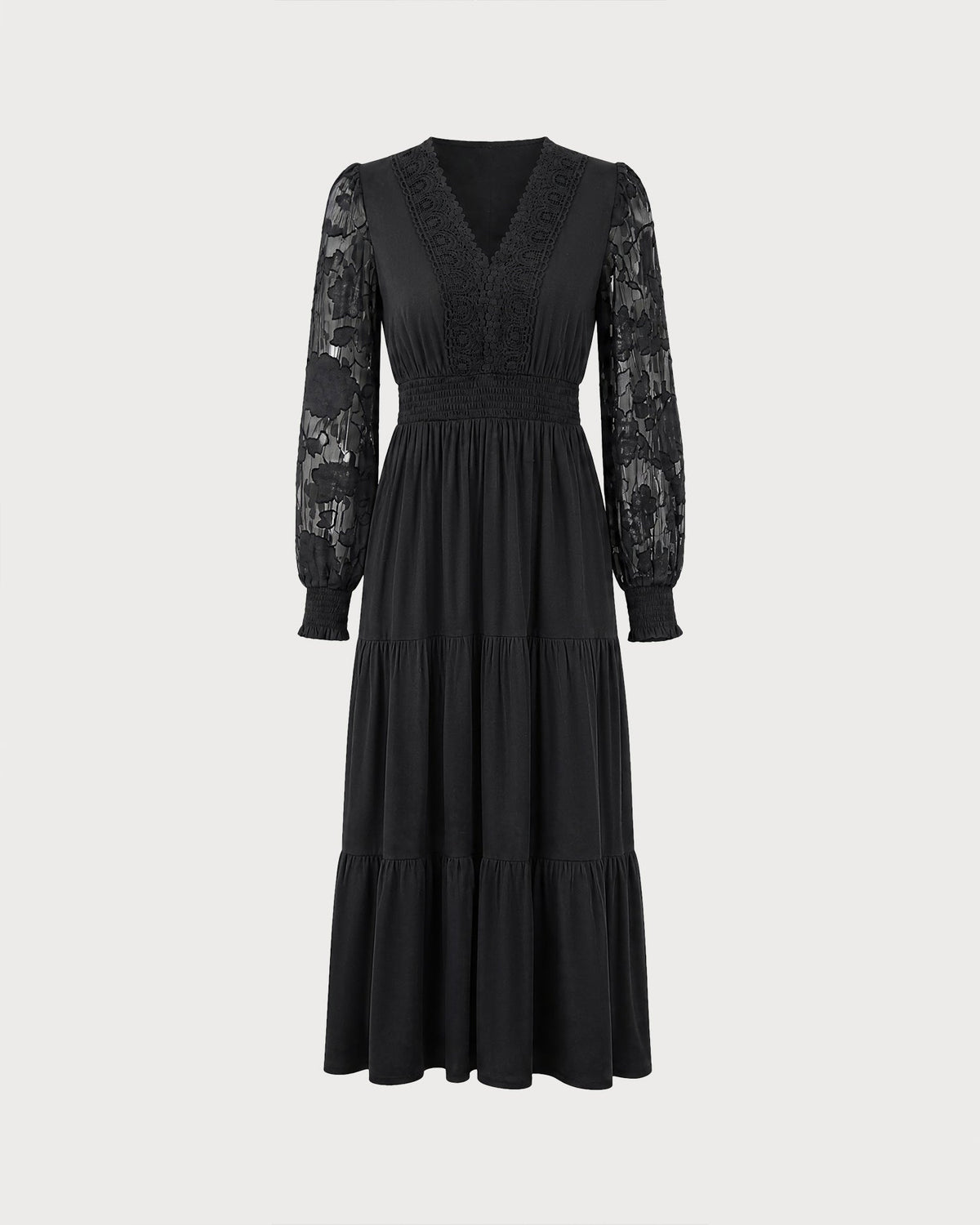 Tiered Midi Dress with V Neck and Lace Panel Sleeves - Black
