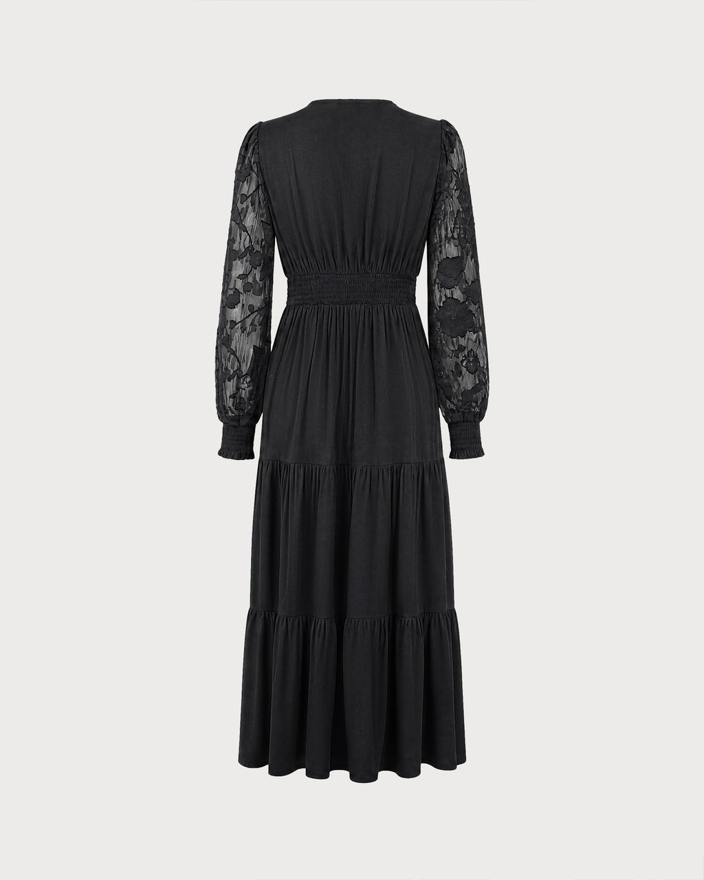 Tiered Midi Dress with V Neck and Lace Panel Sleeves - Black