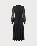 Tiered Midi Dress with V Neck and Lace Panel Sleeves - Black