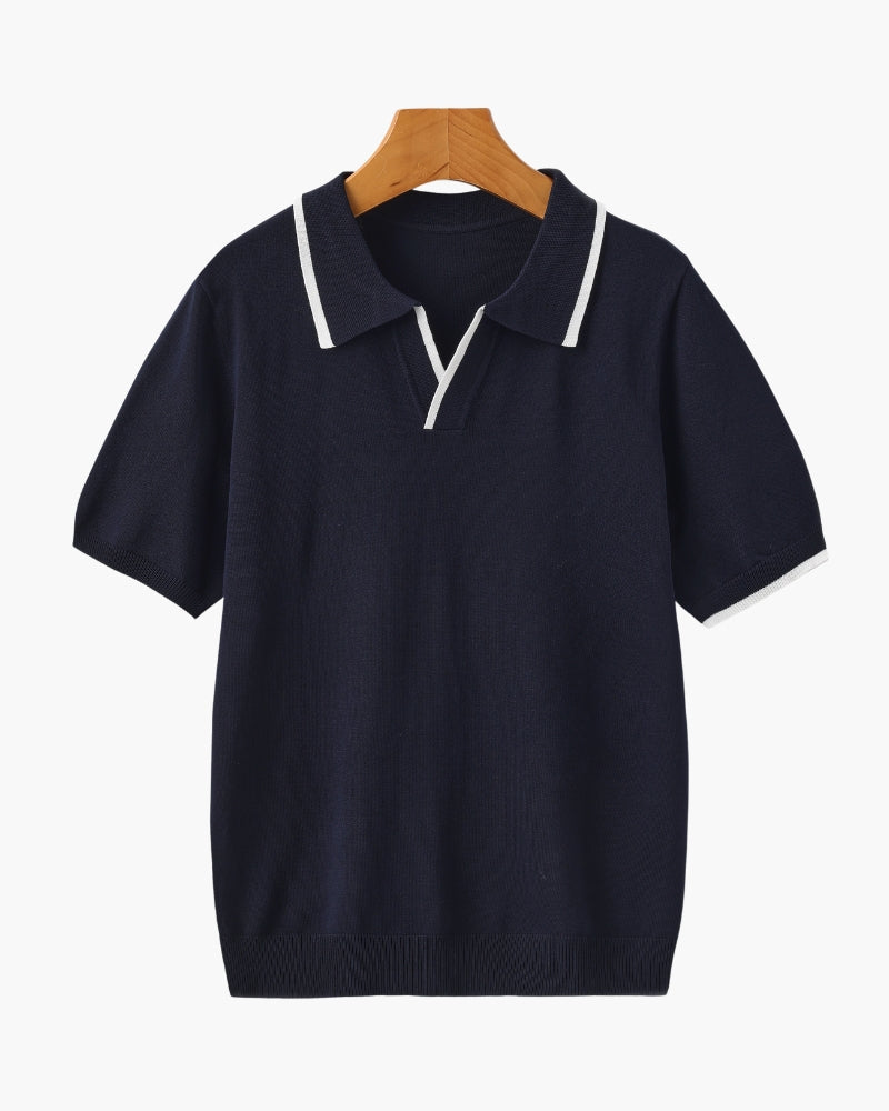 Tipped Polo Shirt with Contrast Trim, Short Sleeve - Navy