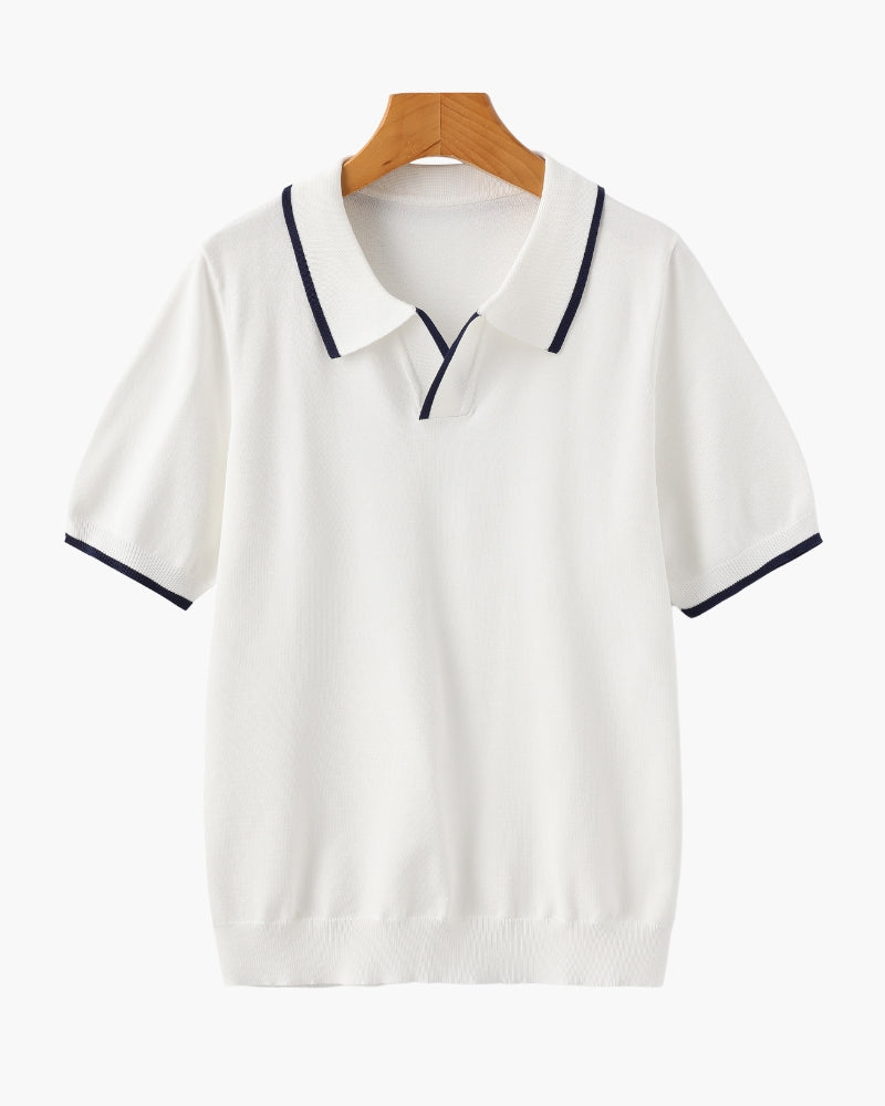 Tipped Polo Shirt with Contrast Trim, Short Sleeve - White
