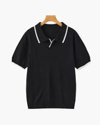 Tipped Polo Shirt with Contrast Trim, Short Sleeve - Black