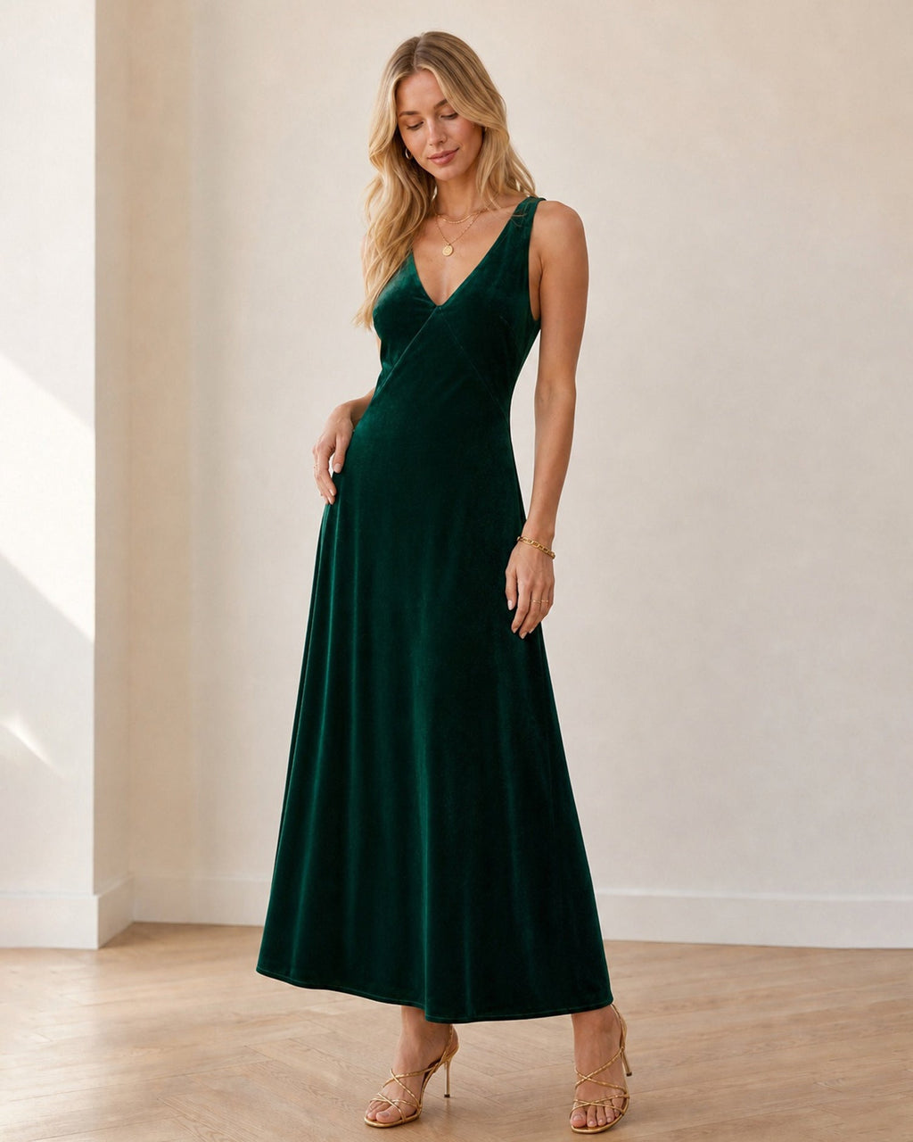 Velvet Maxi Dress with Deep V Neck and Bias Cut Skirt - Green