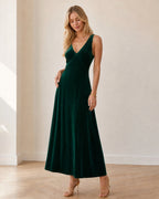 Velvet Maxi Dress with Deep V Neck and Bias Cut Skirt - Green