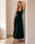Velvet Maxi Dress with Deep V Neck and Bias Cut Skirt - Green