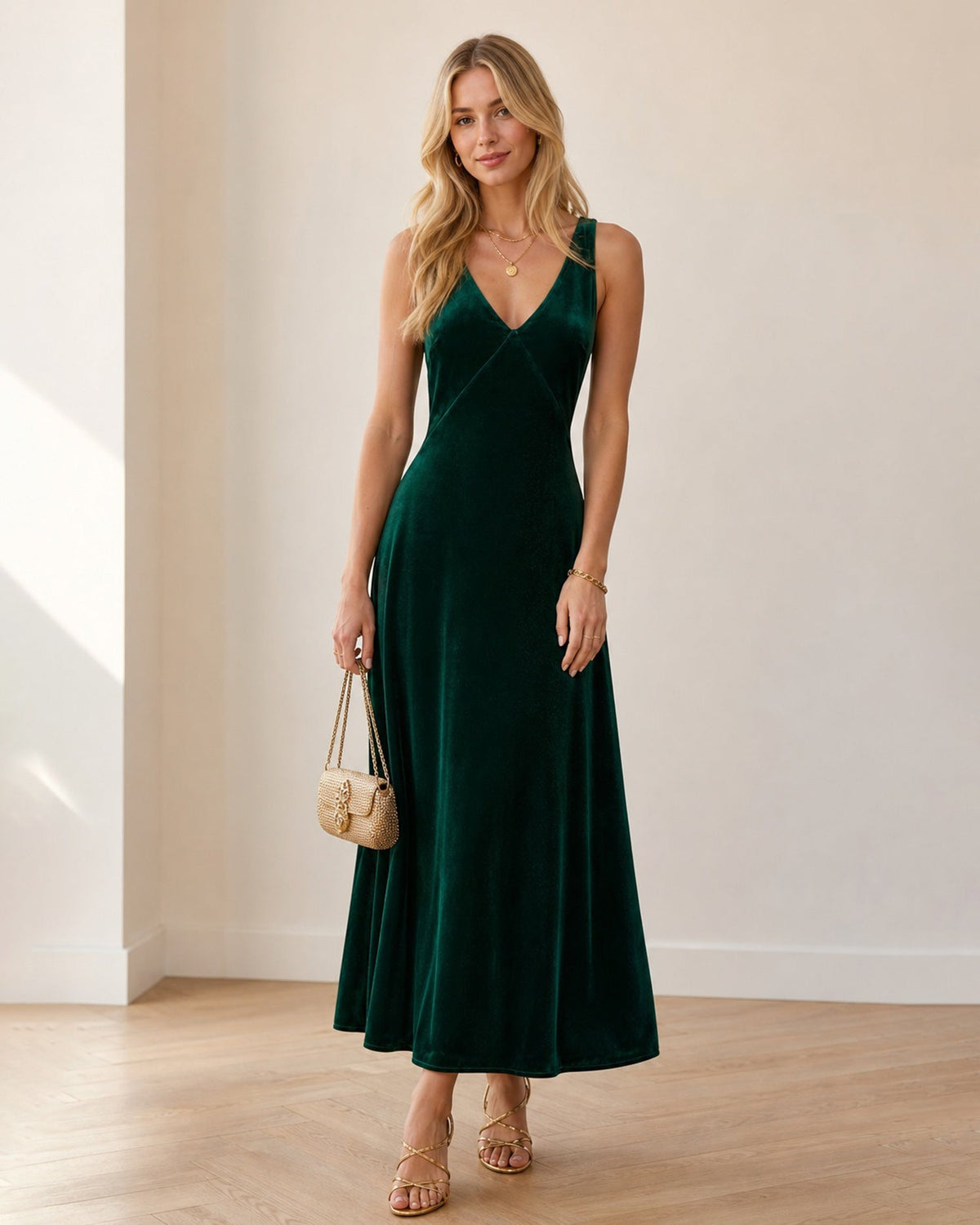Velvet Maxi Dress with Deep V Neck and Bias Cut Skirt - Green
