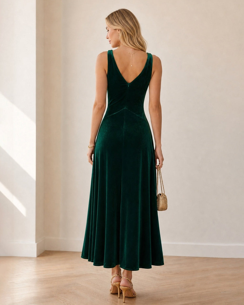 Velvet Maxi Dress with Deep V Neck and Bias Cut Skirt - Green