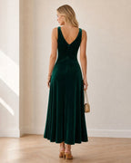 Velvet Maxi Dress with Deep V Neck and Bias Cut Skirt - Green