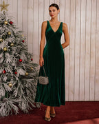 Velvet Maxi Dress with Deep V Neck and Bias Cut Skirt - Green