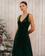 Velvet Maxi Dress with Deep V Neck and Bias Cut Skirt - Green
