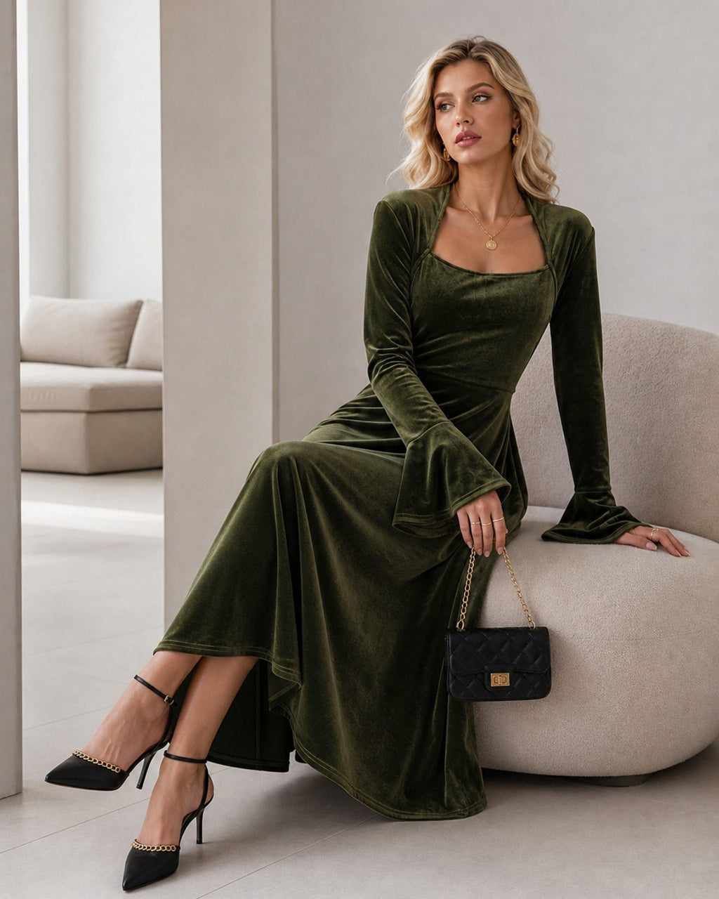 Velvet Maxi Dress with Square Neck and Wide Bell Sleeves - Green