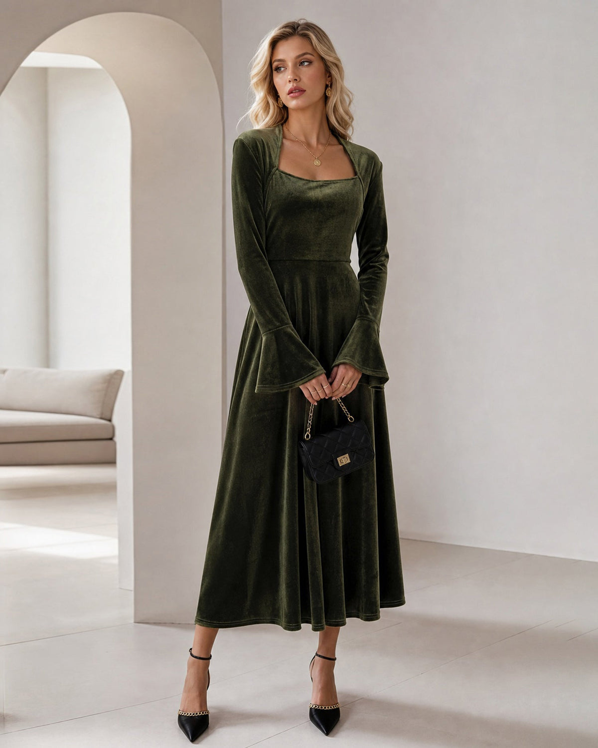 Velvet Maxi Dress with Square Neck and Wide Bell Sleeves - Green