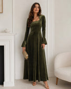 Velvet Maxi Dress with Square Neck and Wide Bell Sleeves - Green