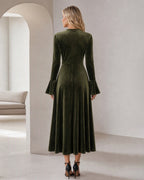 Velvet Maxi Dress with Square Neck and Wide Bell Sleeves - Green