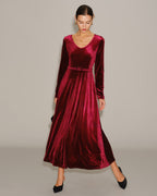 Velvet Maxi Dress with V Neck and Narrow Waist Belt - Wine Red