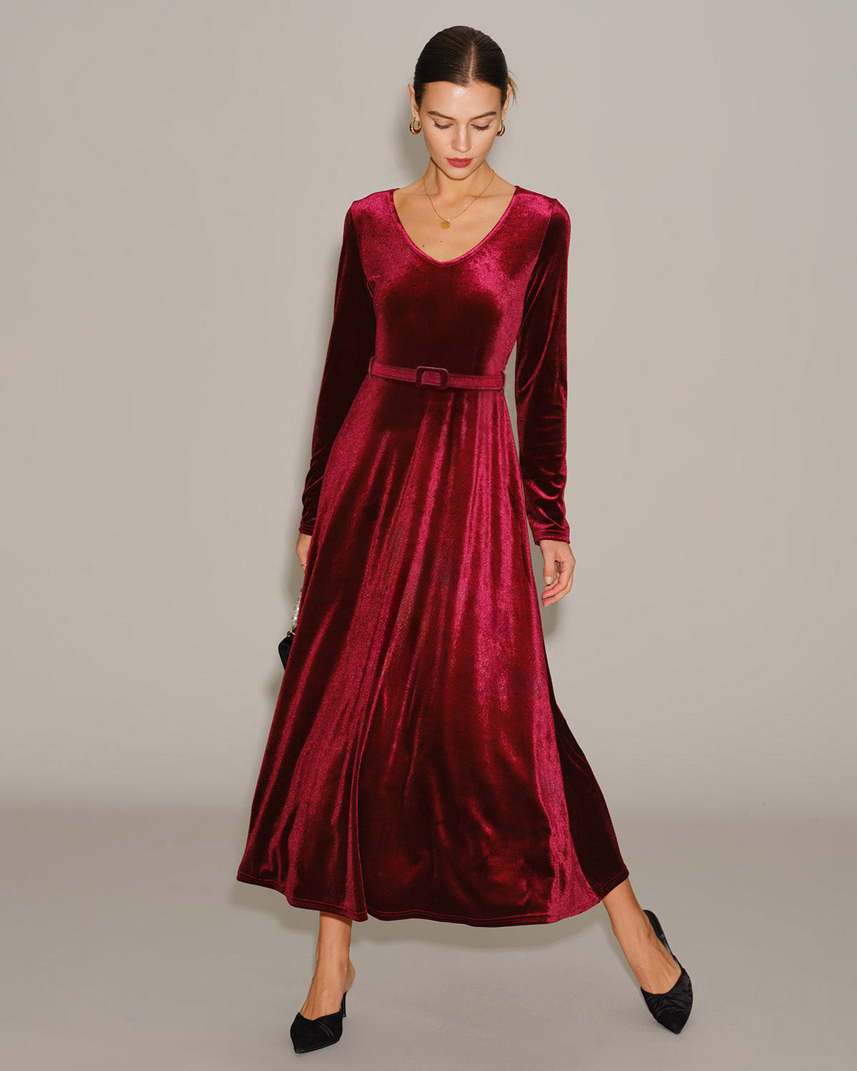 Velvet Maxi Dress with V Neck and Narrow Waist Belt - Wine Red