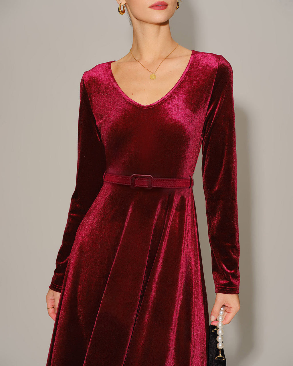 Velvet Maxi Dress with V Neck and Narrow Waist Belt - Wine Red