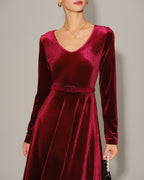 Velvet Maxi Dress with V Neck and Narrow Waist Belt - Wine Red