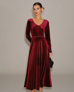 Velvet Maxi Dress with V Neck and Narrow Waist Belt - Wine Red