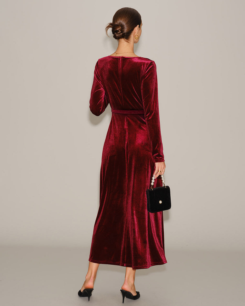 Velvet Maxi Dress with V Neck and Narrow Waist Belt - Wine Red