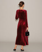 Velvet Maxi Dress with V Neck and Narrow Waist Belt - Wine Red