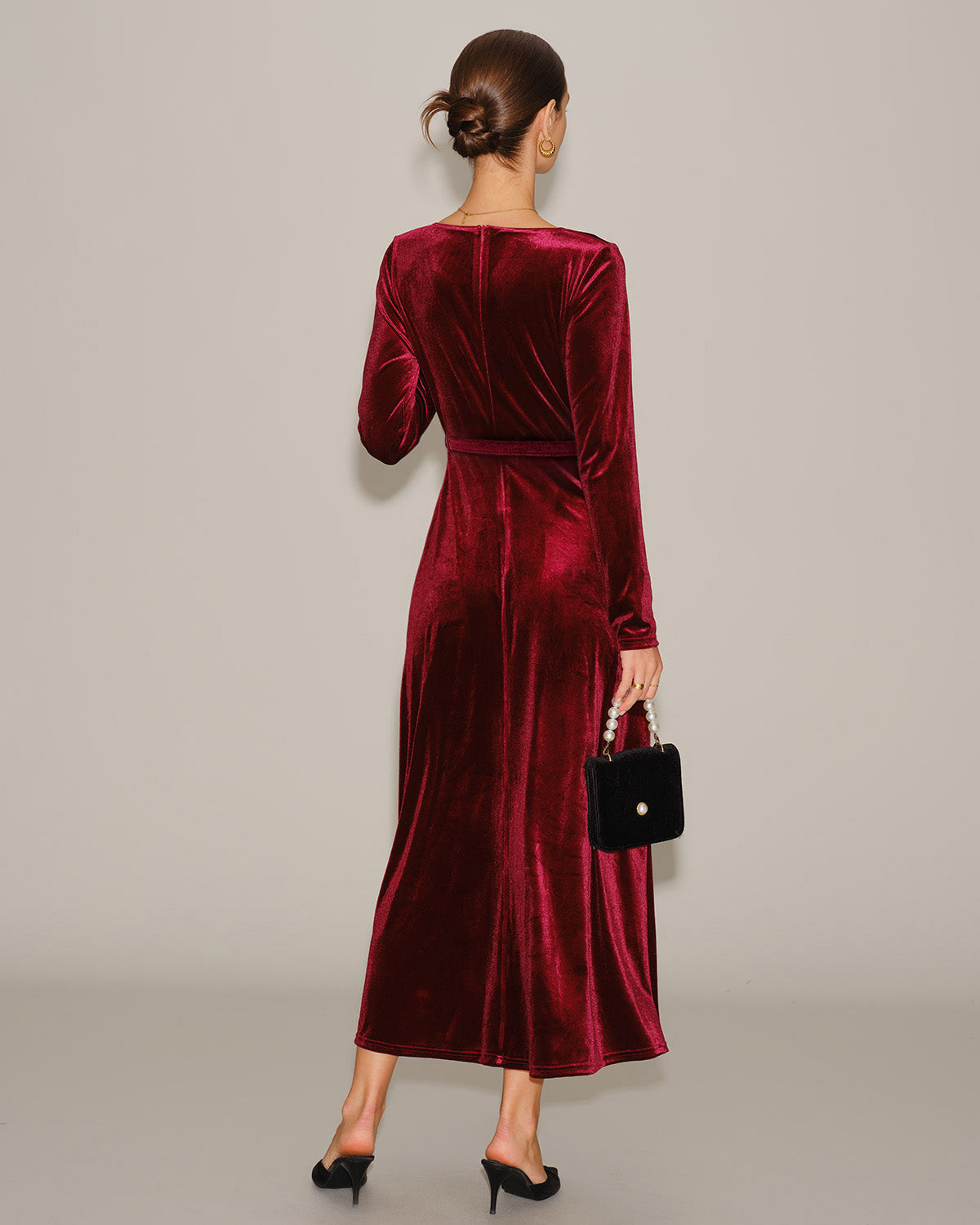 Velvet Maxi Dress with V Neck and Narrow Waist Belt - Wine Red