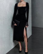 Velvet Midi Dress with Square Neck and Lace Trimmed Cuffs - Black