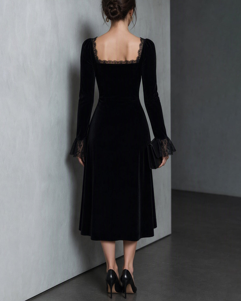Velvet Midi Dress with Square Neck and Lace Trimmed Cuffs - Black