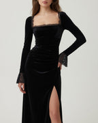 Velvet Midi Dress with Square Neck and Lace Trimmed Cuffs - Black