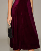 Velvet Midi Dress with Sweetheart Neck and Cap Sleeves - Wine Red