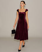 Velvet Midi Dress with Sweetheart Neck and Cap Sleeves - Wine Red