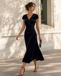 Velvet Wrap Maxi Dress with V Neck and Cap Sleeves - Black