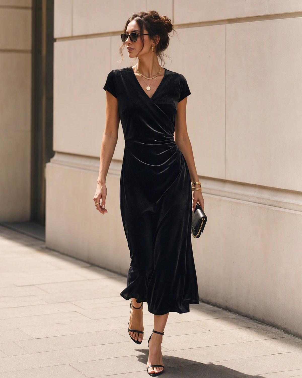 Velvet Wrap Maxi Dress with V Neck and Cap Sleeves - Black
