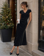 Velvet Wrap Maxi Dress with V Neck and Cap Sleeves - Black