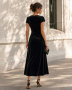Velvet Wrap Maxi Dress with V Neck and Cap Sleeves - Black