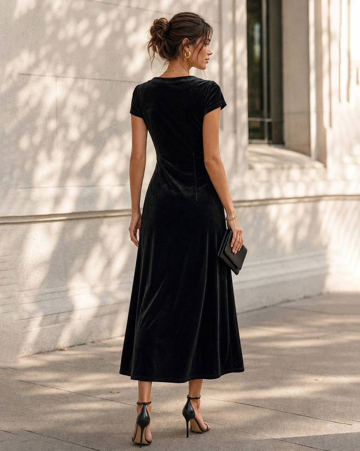 Velvet Wrap Maxi Dress with V Neck and Cap Sleeves - Black