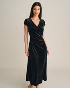 Velvet Wrap Maxi Dress with V Neck and Cap Sleeves - Black