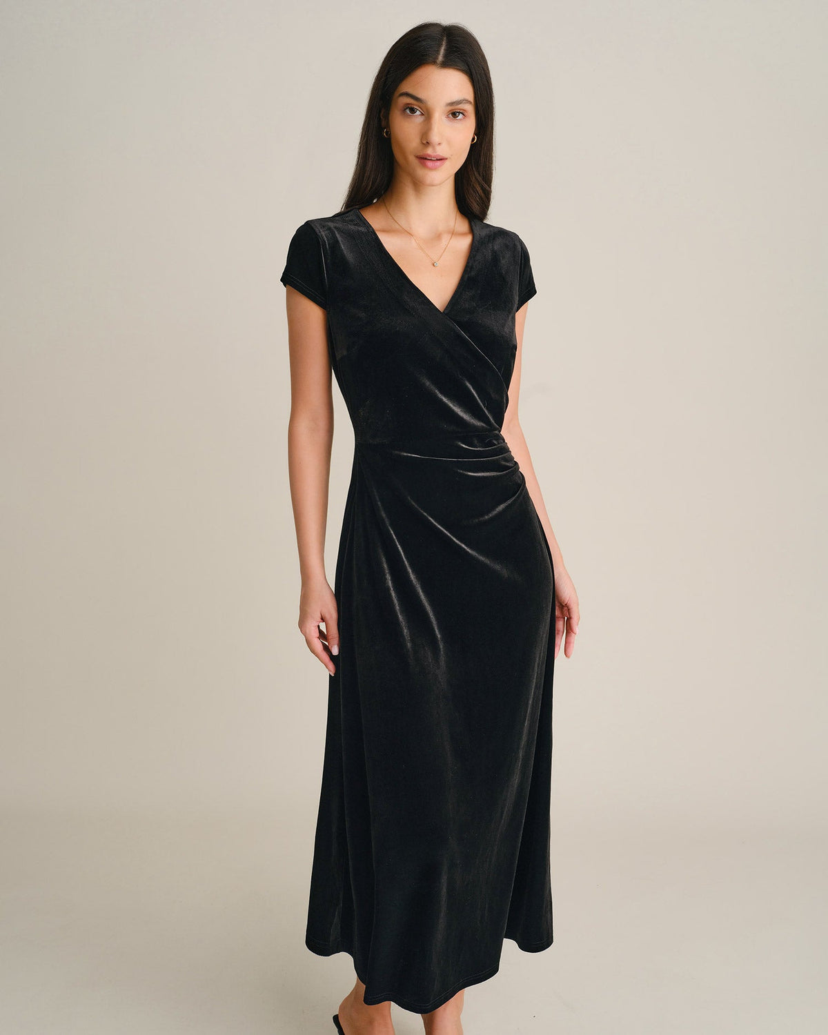 Velvet Wrap Maxi Dress with V Neck and Cap Sleeves - Black