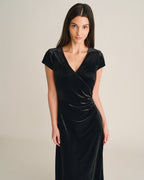 Velvet Wrap Maxi Dress with V Neck and Cap Sleeves - Black