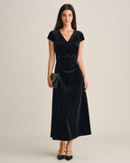 Velvet Wrap Maxi Dress with V Neck and Cap Sleeves - Black