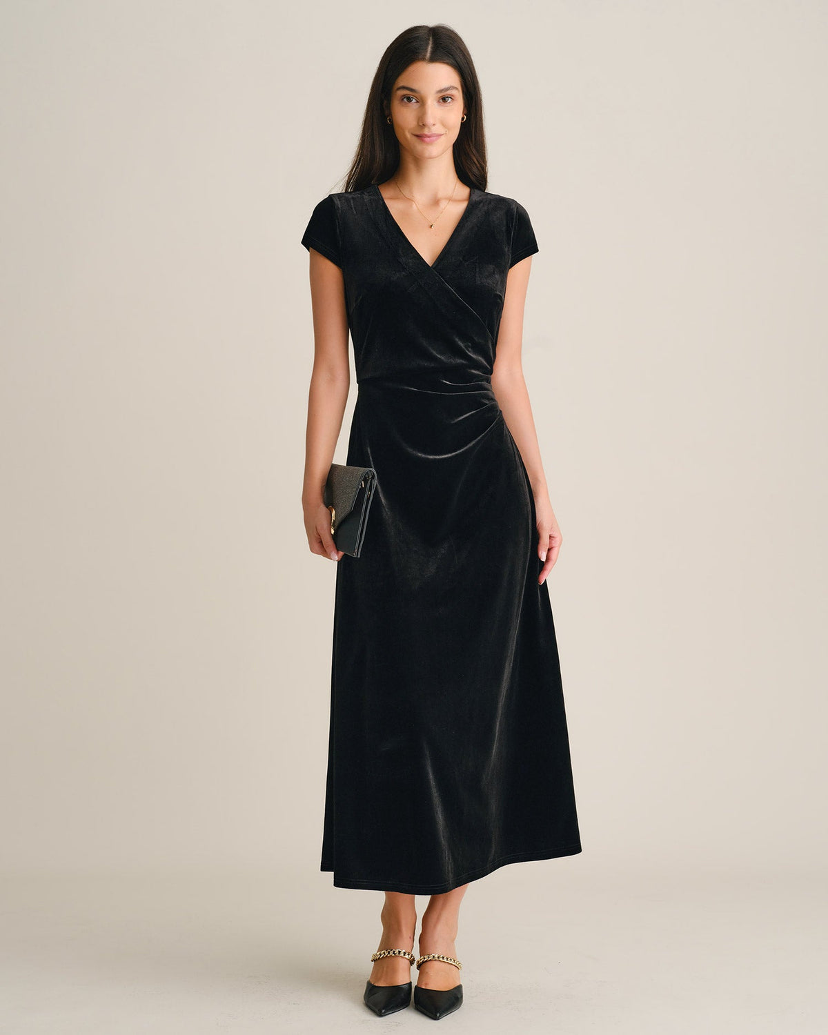 Velvet Wrap Maxi Dress with V Neck and Cap Sleeves - Black